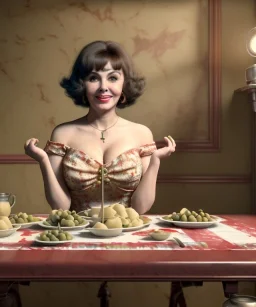 Ultra realistic photographic portrait, happy young Gina Lollobrigida woman sitting with arms resting on Italian kitchen table, pretty tortellini dish with olive oil and albahaca, renaissance style decoration, soft color, highly detailed, unreal engine 5, ray tracing, RTX, lumen lighting, ultra detail, volumetric lighting, high definition.