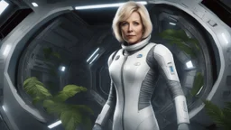 An ultrawide-angle, photorealistic image of an adventurous, slender, fifty-year-old woman from the future, dressed in a tailored, full-body spacesuit, stands to the right of her huge, wide, wingless cargo spaceship. Her uncombed, blond hair has bangs. Standing on a metal box in a jungle clearing.