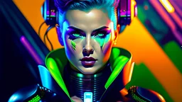 portrait oil on canvas, beautiful punk busty female Cyborg, looking to viewer, sad green eyes, post-apocalyptic in a cyberpunk city,minimal skintight suit, blade runner, comic book cover, mystical colors, neon, insanely detailed,realistic,intrincate detail, 16k resolution, masterpiece, Adam hughes