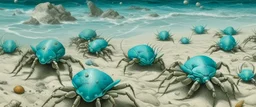 A cyan beach with crabs designed in Ica stones painted by Albrecht Durer