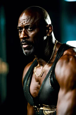 idris elba x morris cheshunt as a handsome dark skinned and muscular heavy set man with a bald head and neatly trimmed beard. he is wearing a leather waistcoat and no shirt. he has a gold earing in his left ear