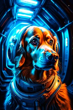 portrait of decisive dog space station commander in the style of giger, spray paint, photo realism, trending on art station, 8k, depth of field, down light, light rays, volumetric, white hall in spaceship, blue, brown and orange