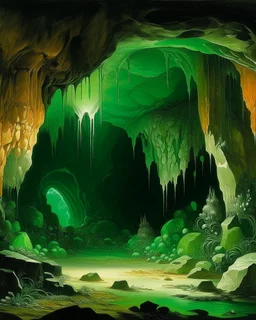A green underground cave with crystals designed in German folk art painted by Ivan Aivazovsky
