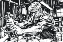 a working man (light swedish hair) pushing objects in a factory, sweating really hard, muscles are exploding, the man have worked through years of day and night never ending, black and white hard marker painting rough style