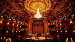 opulent concert hall is now festively adorned for Christmas. Warm, golden lighting and twinkling fairy lights create a joyful atmosphere. The ornate ceiling is decorated with sparkling holiday lights and ornaments, enhancing the central chandelier. The stage, set with a grand piano, is surrounded by poinsettias and holly. Candles and Christmas wreaths dot the seating area, while multiple levels of seating, including balconies, suggest a grand venue for a Christmas concert.