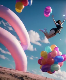 Ultra realistic speed clouds sky scene, wide angle view, sweet women falling down, inflatable color clothing, free jumping flying, many trinkets, hair monster. many jelly beans, balls, color smoke, smile, happy, circus style, extreme, wind, 20,000 feet altitude, stratosphere, soft color, highly detailed, unreal engine 5, ray tracing, RTX, lumen lighting, ultra detail, volumetric lighting, 3d, finely drawn, high definition, high resolution.