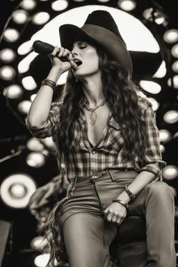 idealized female model country music singer leaning forward while holding microphone in one hand, other hand brought up to side of neck, change clothing to plaid in natural tones, leather bracelets on wrists, long hair, mouth open singing, rings on fingers, eyes closed