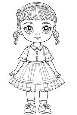 coloring page, cute realistic little doll, full view, coloring page, only draw lines, coloring book, clean line art, –no sketch, color, –ar 3:4, white background, minimalistic black lines, minimal black color, low level black colors, coloring page, avoid thick black colors, thin black line art, avoid colors, perfect shape, perfect clear lines,