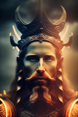 portrait photography of an ethereal beautiful god, Fire theme art, Dark moody lightning night atmosphere, Portrait of a Viking man by Michelangelo, 8K, close-up face, anatomically perfect face, big oak tree roots, ignore NSFW