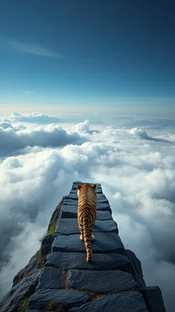 narrow black stone path above the ground gradually getting higher into the clouds no railings, at the top a tiger looking at you
