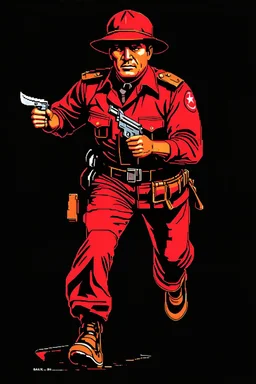 Cuban soldier(uniform and face based on racist steriotypes) running towards viewer, a knife i one hand, and a gun(barrel pointing at viewer) in the other. blocky retro 1960's jack kirby style poster in monochrome with white background
