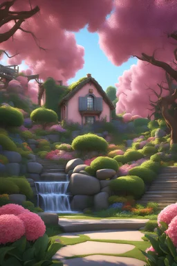 Pixar studio ghibli beautiful garden with fruits , eldritch, stone architecture, water fall, lovecraftion, colourful wild flowers, fantasy, cinematic footage, photorealism, hydrangeas around house hills fantasy land beautiful flower landscape alien world pink puffy trees, stylized painting, 3d 4k octane render, lifelike, photorealistic, artstation, illustration, smooth, sharp focus, ornate, intricate, complex, highly detailed, digital painting, smooth, art by tom bagshaw, akihiko yosh