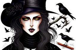 Witch, playing with crows, black cat, perfect iris, ink and pencil, style Elisabeth Kreitz