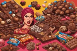 an angry (evil-woman-with-small-horns-on-her-head, beautiful-face-with-light-glowing-eyes), very-angry-looking, a man throws all kinds of chocolates, chocolate bars, bonbons, truffles in front of her from a distance