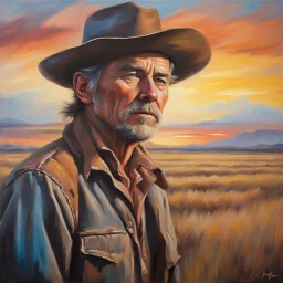 matte oil painting on canvas, 2/3 portrait of a weathered cowboy at sunset, long brush strokes, colorful Montana scenic prairie background, depiction of light in in its changing qualities, beautiful, nostalgic, smooth