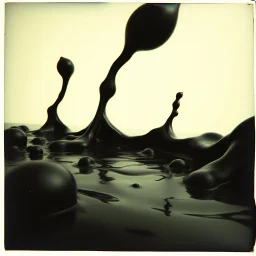 Photography polaroid close-up of an emptiness with odd Yves Tanguy incomprehensible forms, Surrealism, glossy, organic, strong texture, fiotti di liquido nero, panic, obsessive, hypnotic