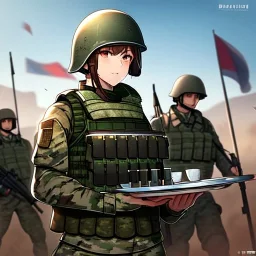 army girl, combat fatigues, plate carrier vest, wearing balaclava, military helmet, battlefield in the background, trending on artstation