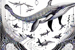 line drawing, of a beautiful surrealistic image of an orca and a flying elephant ;made exclusively of music symbols, background is horizontal parallel lines like staffs and piano keys at bottom, symbols are discernible, overall exquisitely detailed, elegant, extremely intricate, high definition, dope, innovative, line art, contemporary art, fractal pencil drawing,