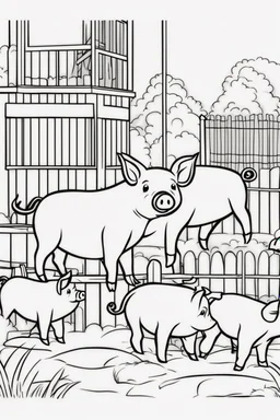 coloring page, pigs in a pen, cartoon style, thick lines, low detail, no shading