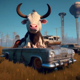 happy cute model sitting on roof of a caravan, wreckfest, spectacular graphics, unreal, road, bridge, fallout 4, mutant cows gathering