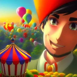 ringleader, Arthur Kulkov face shot, front, handsome, circus, male, Makoto Shinkai background, Russian, lisa Frank fantasy, detailed matte painting, 8k resolution, Golden hour, interesting detailed storybook fantasy