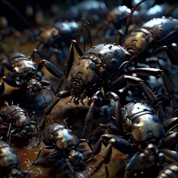 horror, infested, swarming mechanical insects, bugs, cockroaches, flies, spiders, ticks, parasites screaming person, pain, decay