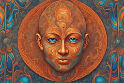psychedelic gallery of faces in orange, blue, and teal colors in the illustrated style of Alex Grey