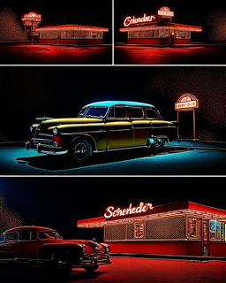 Create a hyper-realistic, photo-realistic 8K image in a 2.39:1 ultra-wide cinematic aspect ratio, captured with a Phase One XT IQ4 150MP medium format camera using a Schneider Kreuznach 80mm LS f/2.8 lens, set in a glowing 1950s-style drive-in snack bar during golden hour, with warm sunlight casting long shadows and neon lights beginning to flicker on. Marilyn Monroe is styled with her iconic platinum curls and red lipstick, wearing a retro pink waitress uniform with a frilly apron, balancing a