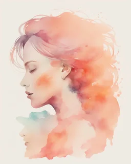 middle agу woman silhouette and hair watercolor draw peach pastel colors