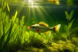 perch fish swimming in the water between aquatic plants, sun rays visible in the water
