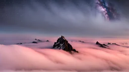 A surreal night-time scene featuring a sharp mountain peak rising through a thick layer of fog. The mountain's dark, jagged silhouette contrasts against the soft, pastel hues of the fog illuminated by moonlight. Above, the night sky is adorned with countless stars and a segment of the Milky Way, adding a sense of wonder and vastness to the scene. The overall atmosphere is mystical and serene, capturing the beauty of nature in a high-resolution, panoramic view.