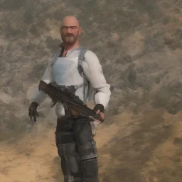 Walter White cyborg, 8k, tactical vest, helmet, gun.