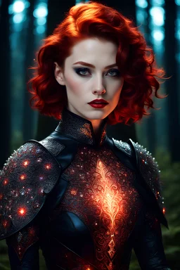 beautiful pale skin female, feminine, short neck, detailed eyes, red hair, glowing fractal embedded on tight royal armor, glowing light engraved on cloth with skirt, sitting, high fantasy setting, wearing regal intricate leather with scattered glowing crystal, glowing part on clothing, midnight forest, portrait