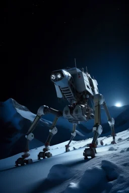 eight legged mechanical walker scaling a very steep snow covered side of mout everest at night, it has a smooth surface, it has storage pods on its belly human can fit in the pods