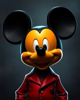 digital darkly com featuring an anthropomorphic character resembling Mickey centered in the frame and facing forward. The character has a classic Mickey Mouse head with large, round black ears, a smooth black face with a vibrant orange-yellow cheek, large shiny white eyes with black pupils, and a prominent black nose. The character's expression is a friendly smile, but the overall mood is dark and intense. It wears a sleek, glossy crimson red suit jacket with two visible buttons, a well-fitted b