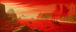 A vast and beautiful red ocean with islands and coasts designed in ancient Greek mosaics painted by Caspar David Friedrich
