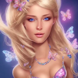  beautiful face princess blond fairy smiling with sparkle jewel bikini and butterflies in hair