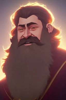 Medieval Fantasy Bearded strong man wearing a thick fur-lined merchant's coat, wearing gold rings, divine, halo, happy smiling, portrait, high definition, realistic, long hair, dynamic lighting, volumetric lighting, mustache, blond, arcane