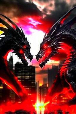 black dragon and red dragon facing each other with glowing eyes on top of a high rise building dark fantasy