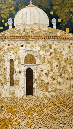 A white ancient ruins with peanuts painted by Gustav Klimt