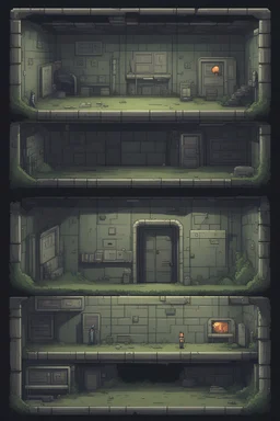 2d pixel art environement, old abandoned human underground military bunker. platform video game