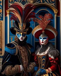 Pareja hombre y mujer con disfraz en el carnaval de Venezia mascara vestido has el suelo obra de arte pintura arte Bauhaus obra de arte hiperdetallada intricadas finamente detallada 8k