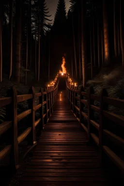 A wooden bridge in the forest at night with fire torches on each side