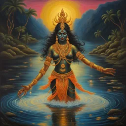 An oil painting of goddess Kali crossing a lake, neon gold colors, high detail eyes,