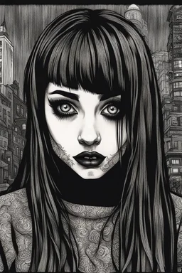 create a disturbing horror pen and ink sketch of a dark haired, savage, gothpunk vampire girl with highly detailed , sharply defined hair and facial features, in a dark, otherworldly London in the style of Junji Ito, precisely drawn, inked, with dramatic edges,