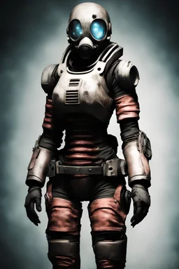 female dead space suit, lower torso in frame, gasmask