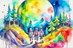 concept art water color style for teenagers in other planet watching the moon and mountains having adventure two teenagers mystery weird cretures trees exiting colorful with details