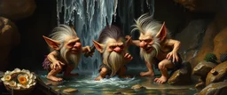 master oil painting by Rembrandt,cute trolls fighting inside waterfall