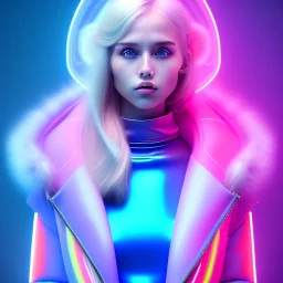 blonde woman teenager, padded coat, retro futuristic, latex dress, gradient color, BLUE, PINK, CYAN, neon, insanely detailed, 16k resolution, perfect eyes, cinematic smooth, intricate detail