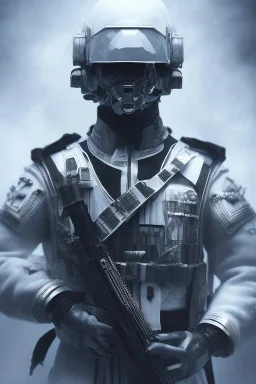 All Black british soldier, ghost, wearing high tech mask, white smoke, dark, rage, sorrow, high definition, ultra 8 k, volumetric lighting, blue fire, fog